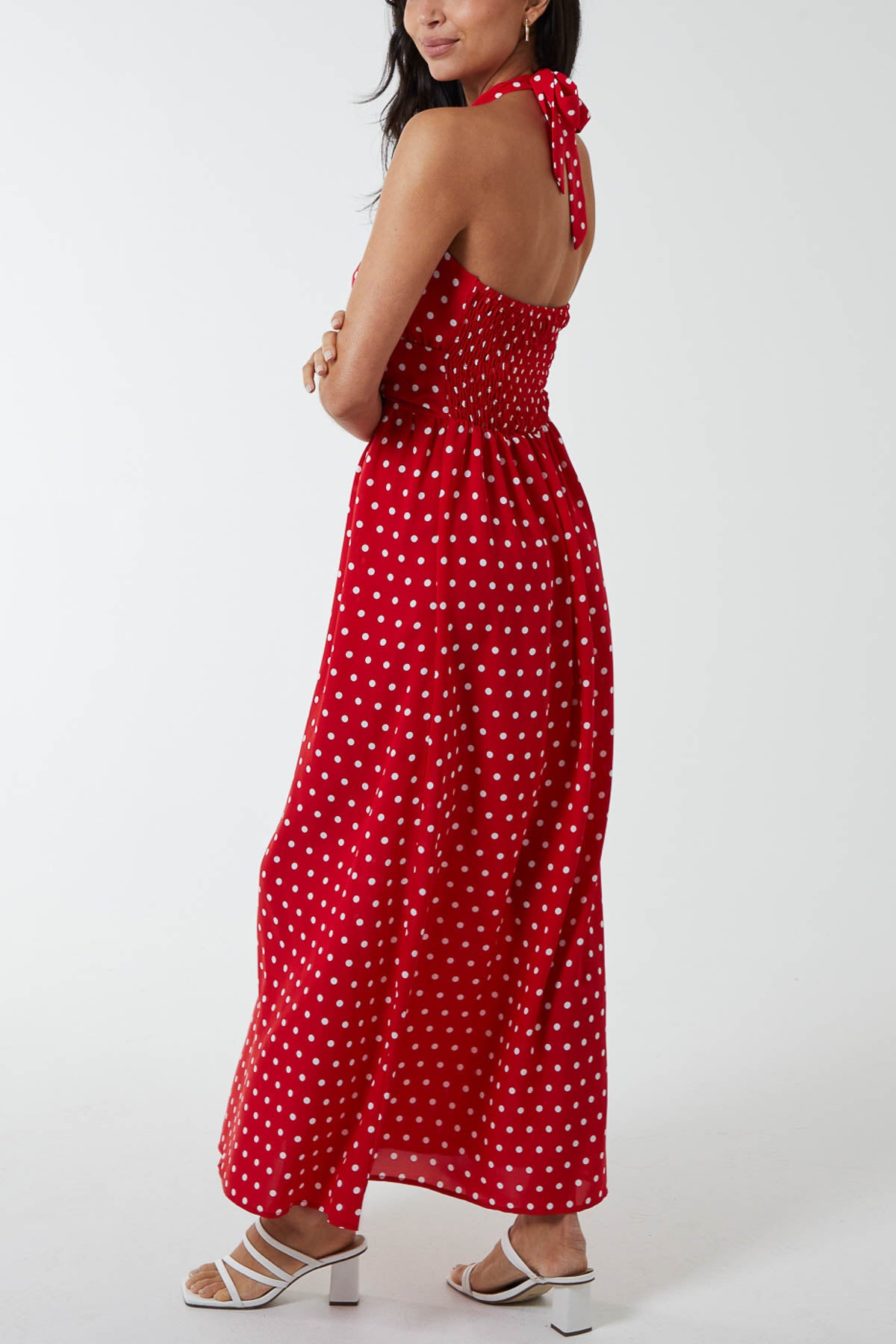 Polka Dot Halterneck Button Belt Maxi Dress