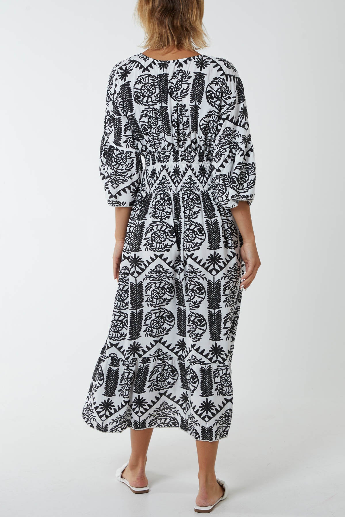 Baroque Floral Shirred Midi Dress