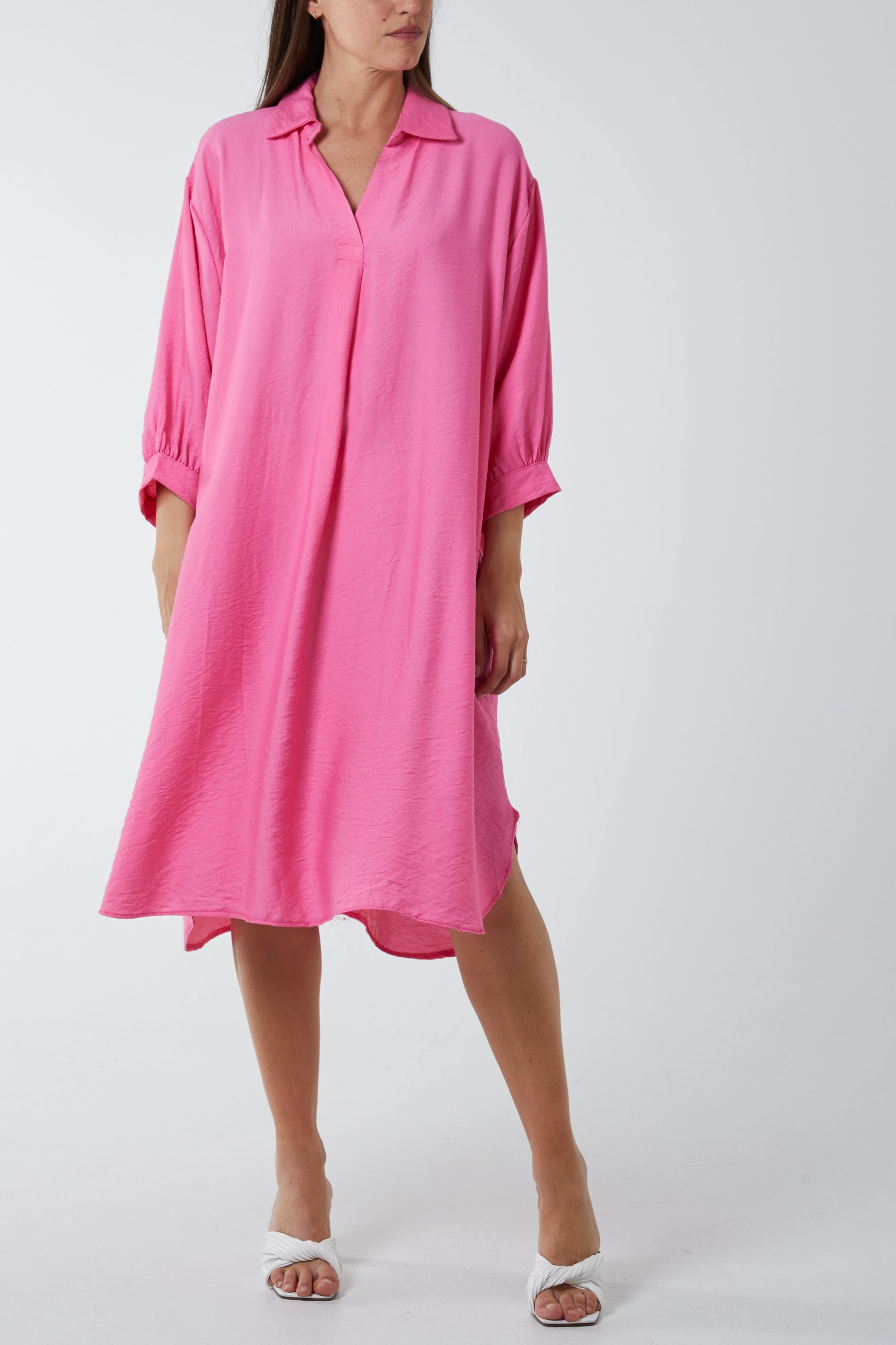 Collared Neck Long Sleeve Midi Shirt Dress