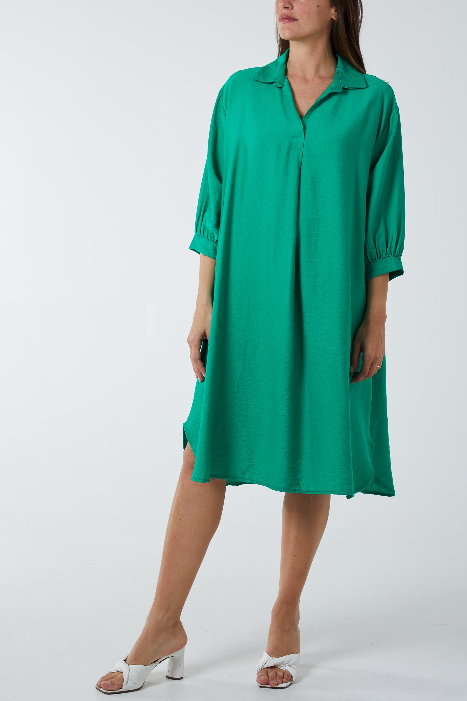 V-Neck Collared Midi Dress