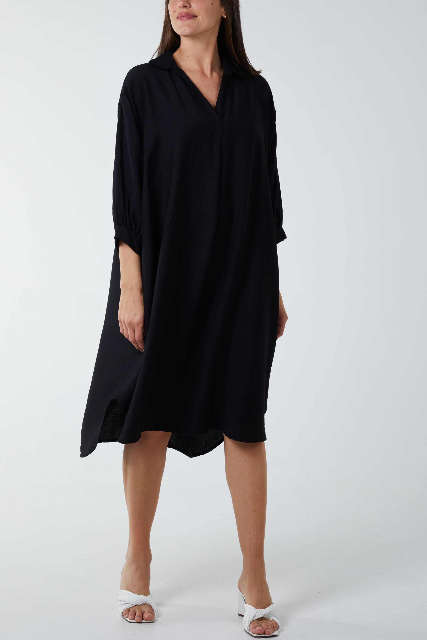 V-Neck Collared Midi Dress