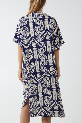 Abstract Floral Kiwi Collar Shirt Dress