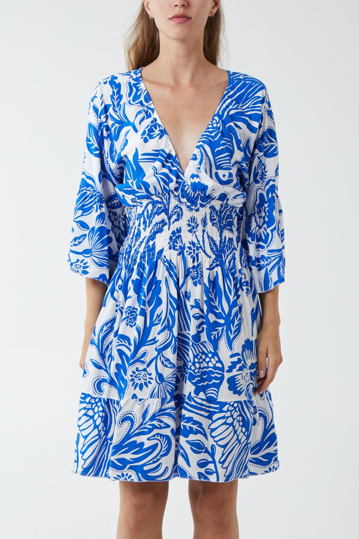 Monochromatic Floral Shirred Bodice Mini Dress