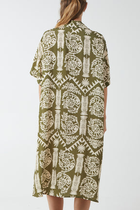 Abstract Floral Kiwi Collar Shirt Dress