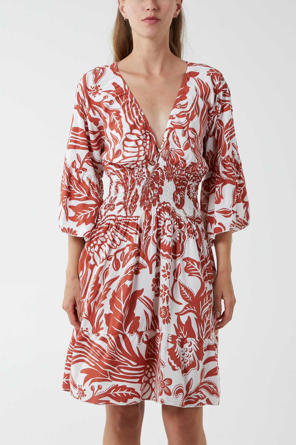 Monochromatic Floral Shirred Bodice Mini Dress
