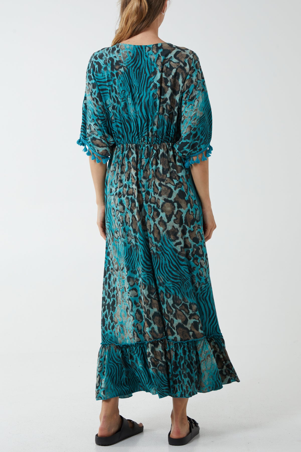 Leopard Tiered Tassel Trim Midi Dress