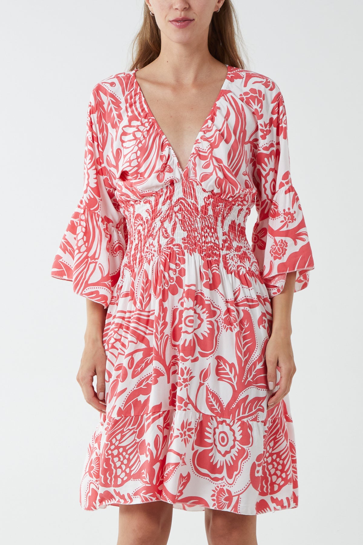 Monochromatic Floral Shirred Bodice Mini Dress