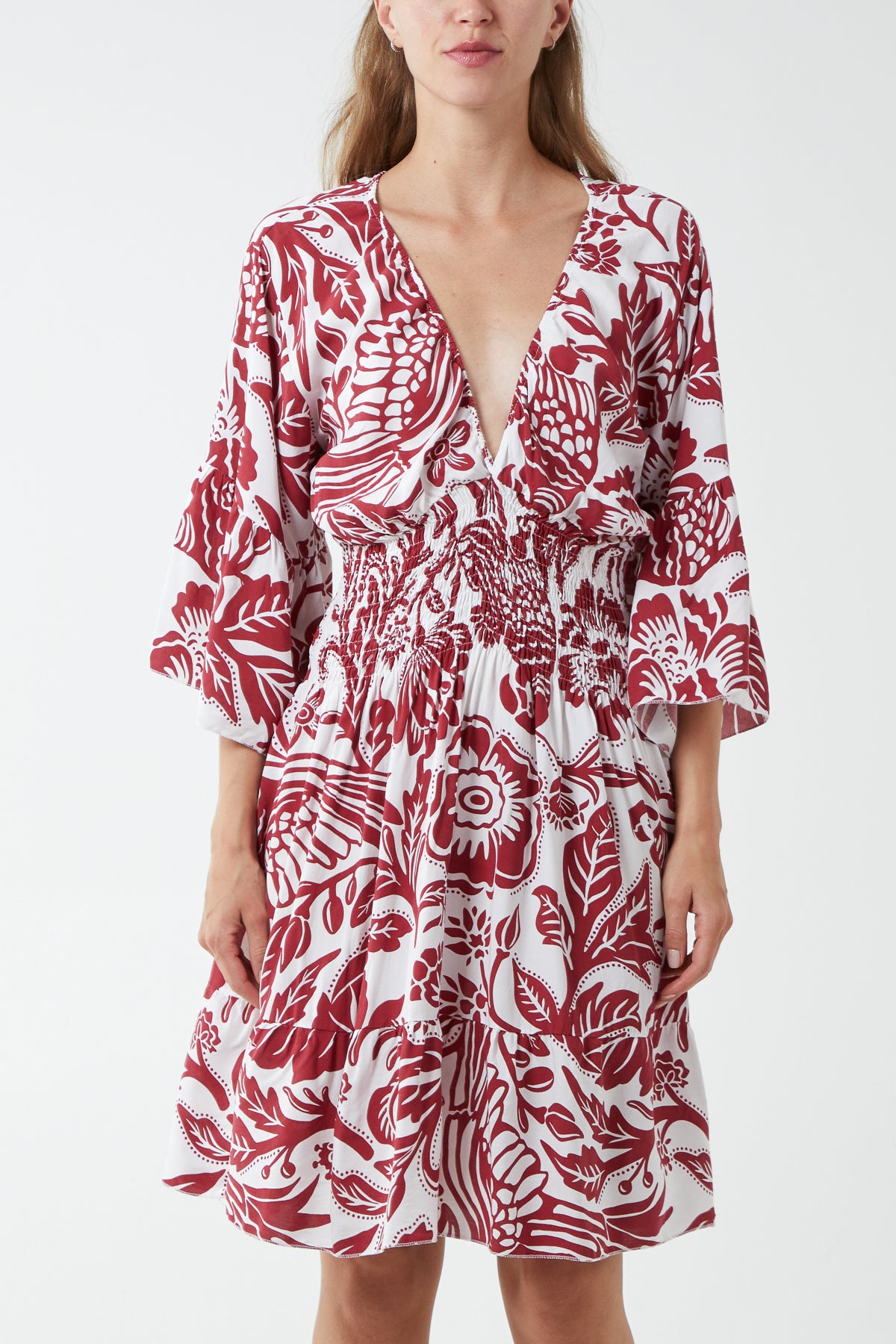 Monochromatic Floral Shirred Bodice Mini Dress
