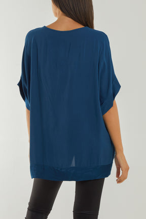 Satin Trim V-Neck Oversized Top