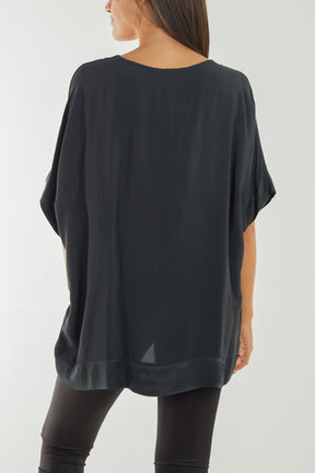 Satin Trim V-Neck Oversized Top