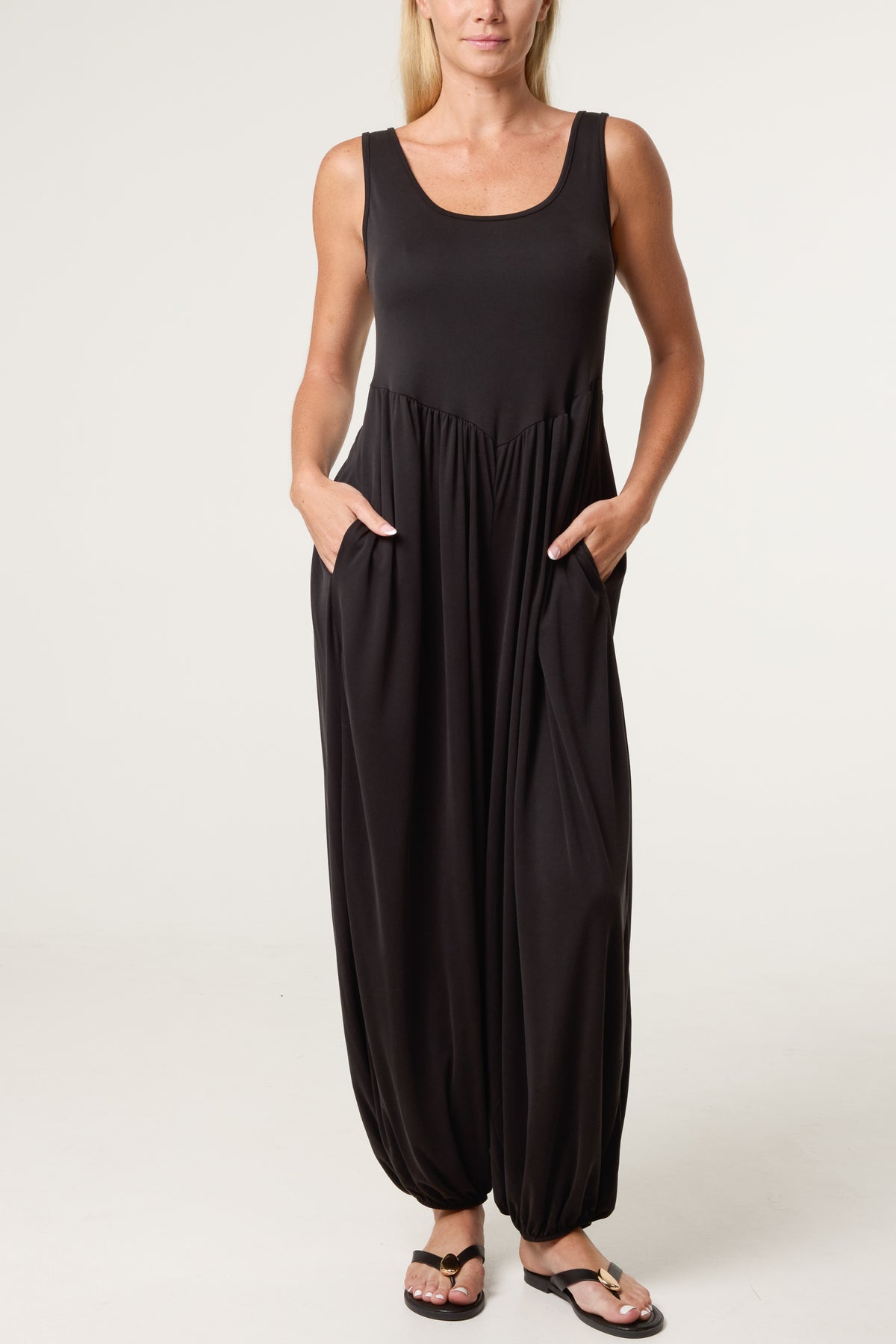 Fine Rib Stretch Harem Jumpsuit