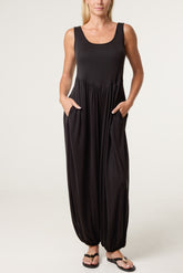 Fine Rib Stretch Harem Jumpsuit