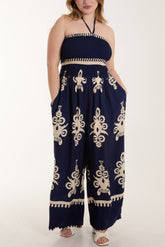 Shirred Bodice Bandeau Printed Jumpsuit