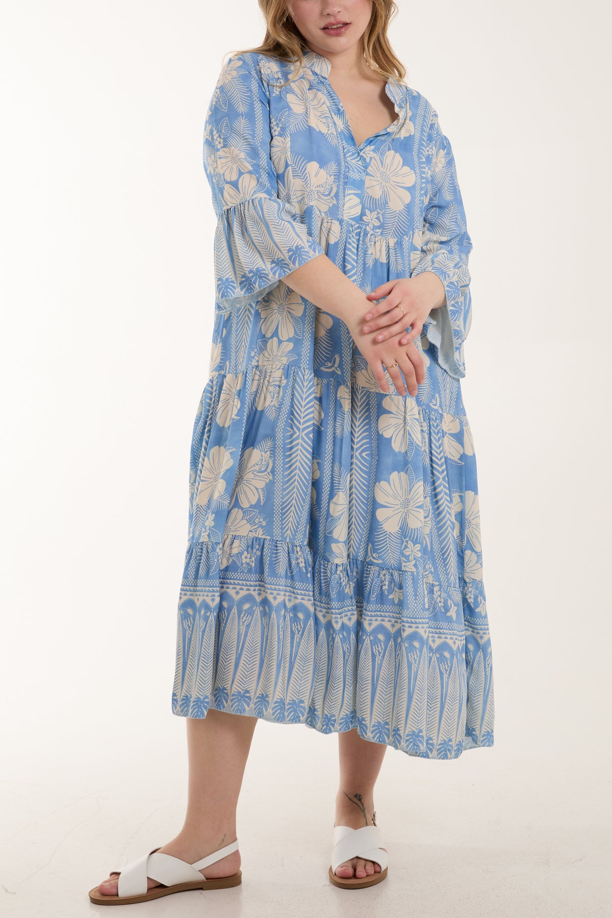 Floral Print Grandad Collar Midi Dress