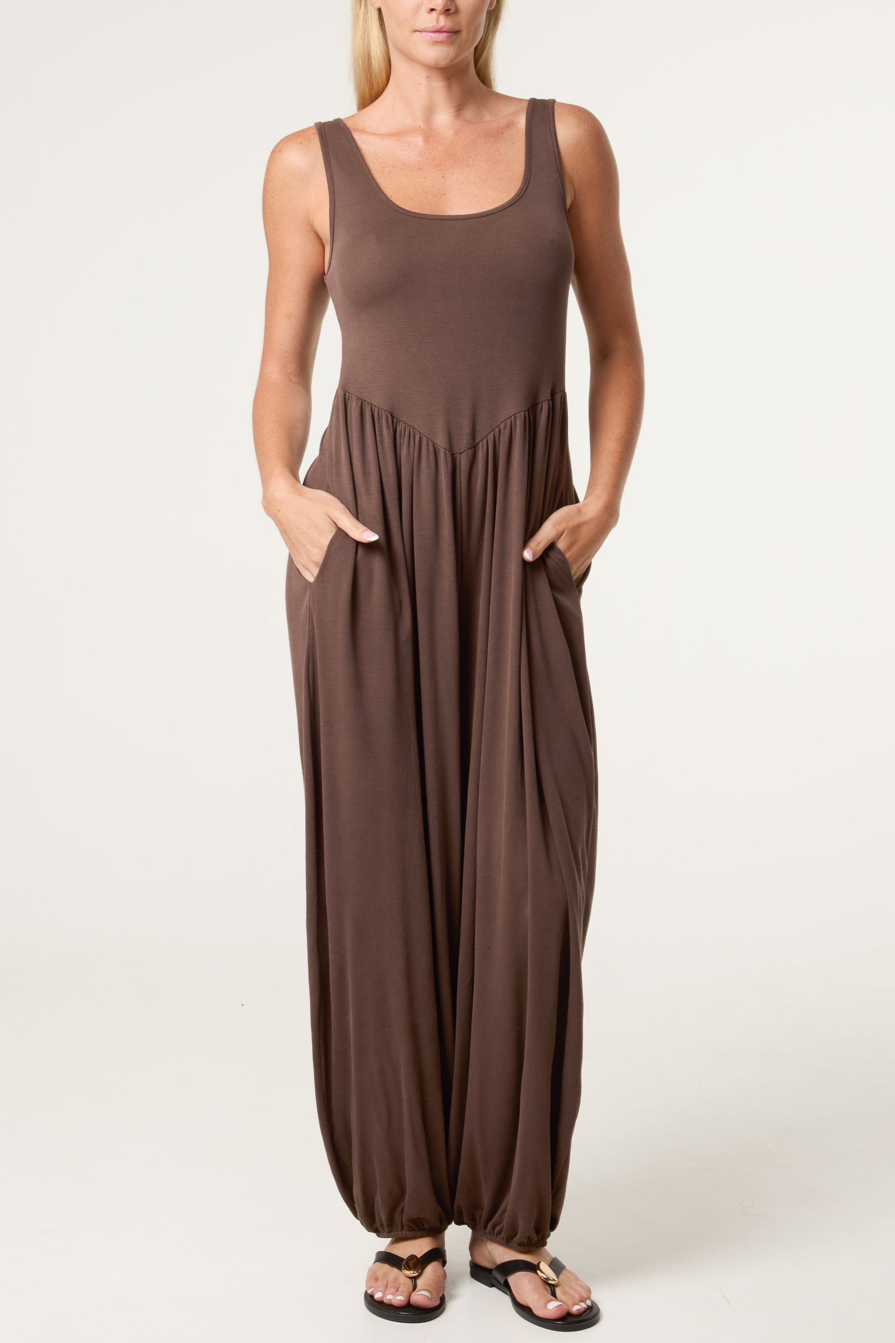Fine Rib Stretch Harem Jumpsuit