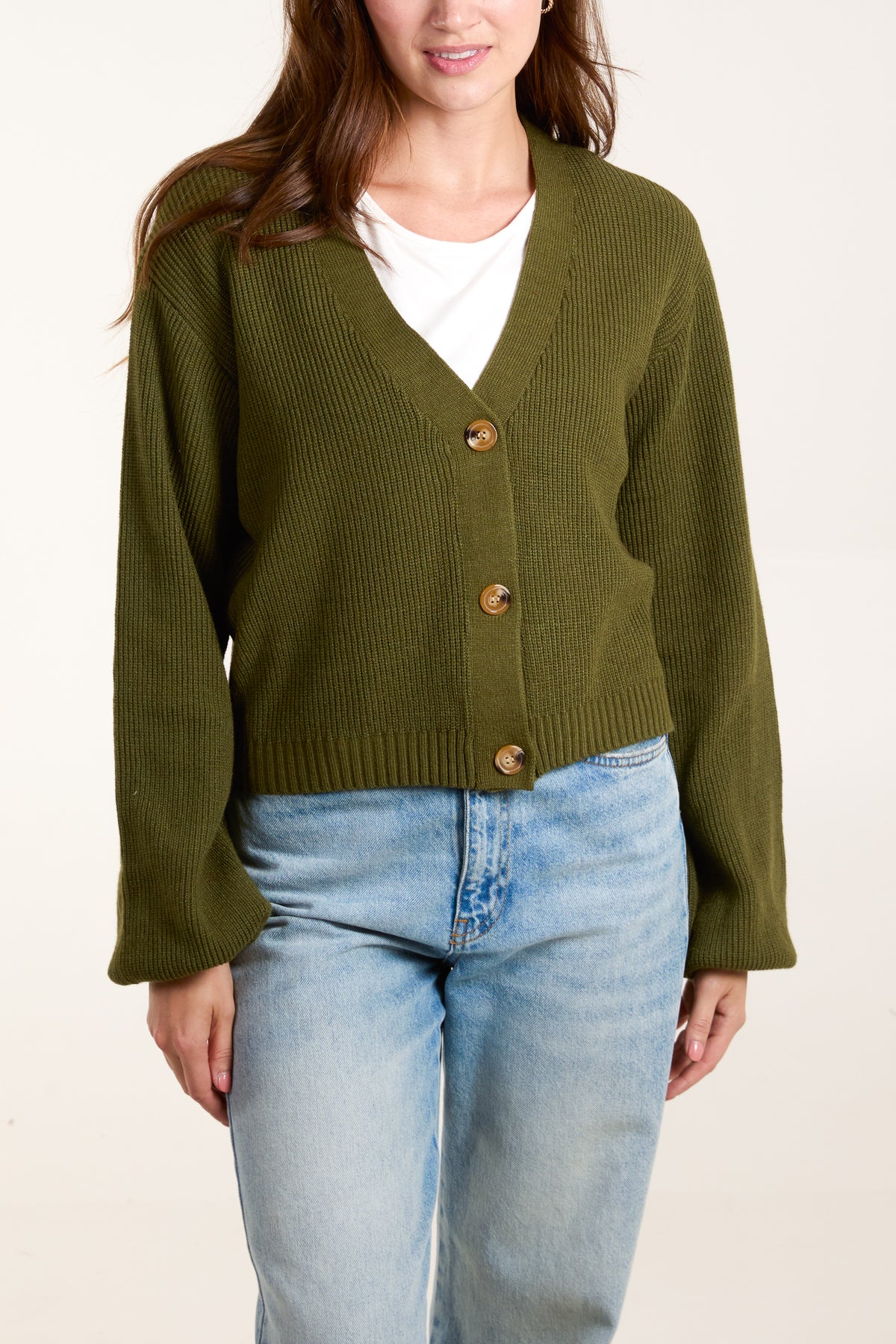 Khaki V-Neck Knit Cardigan