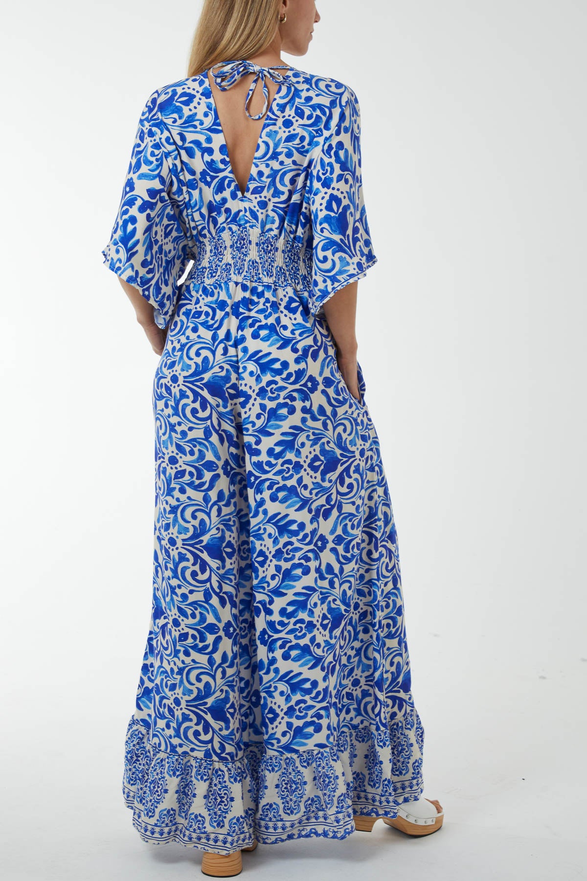 Baroque Tie Back Shirred Wide Leg Jumpsuit