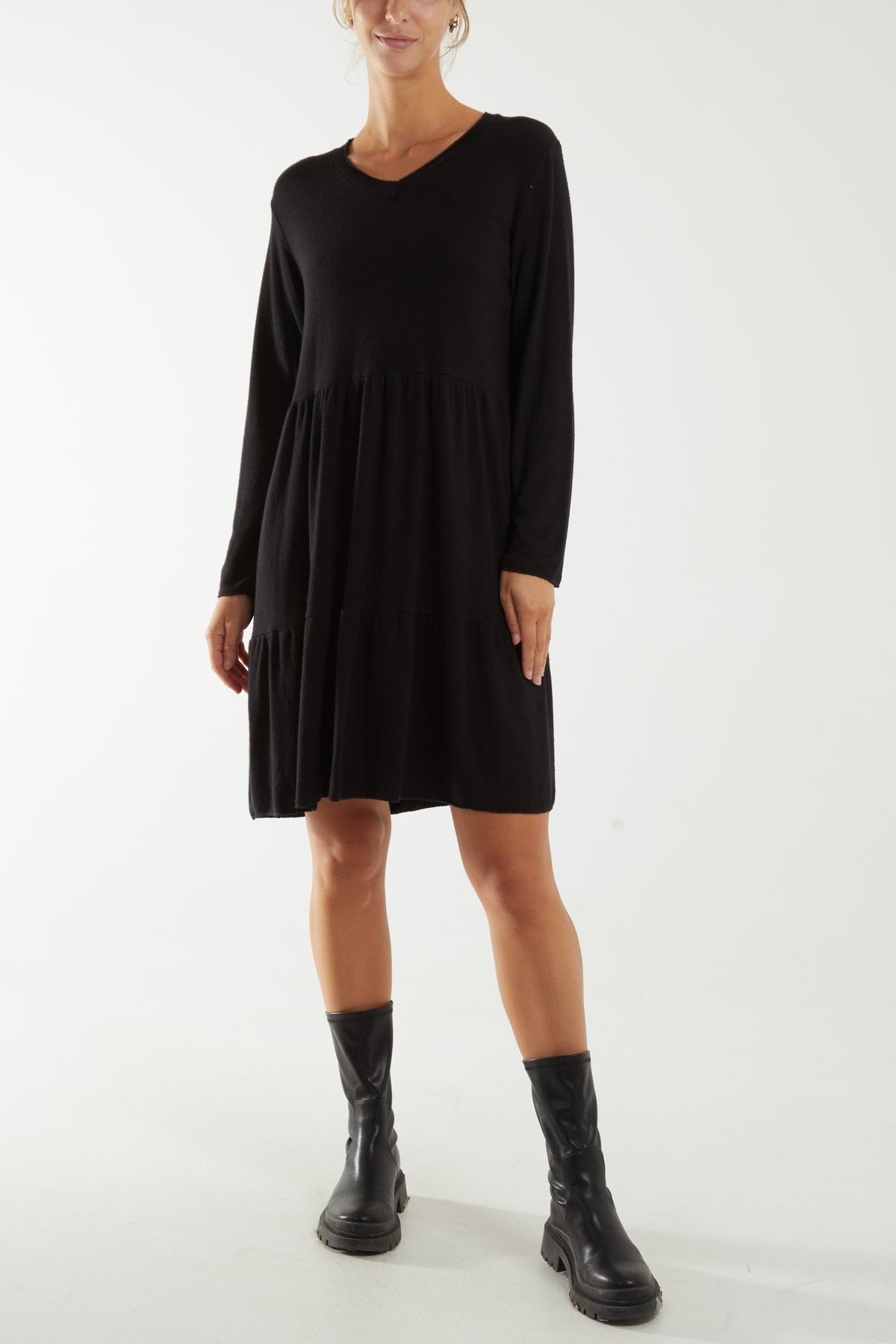 Knitted V-Neck Tiered Dress