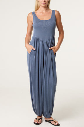Fine Rib Stretch Harem Jumpsuit