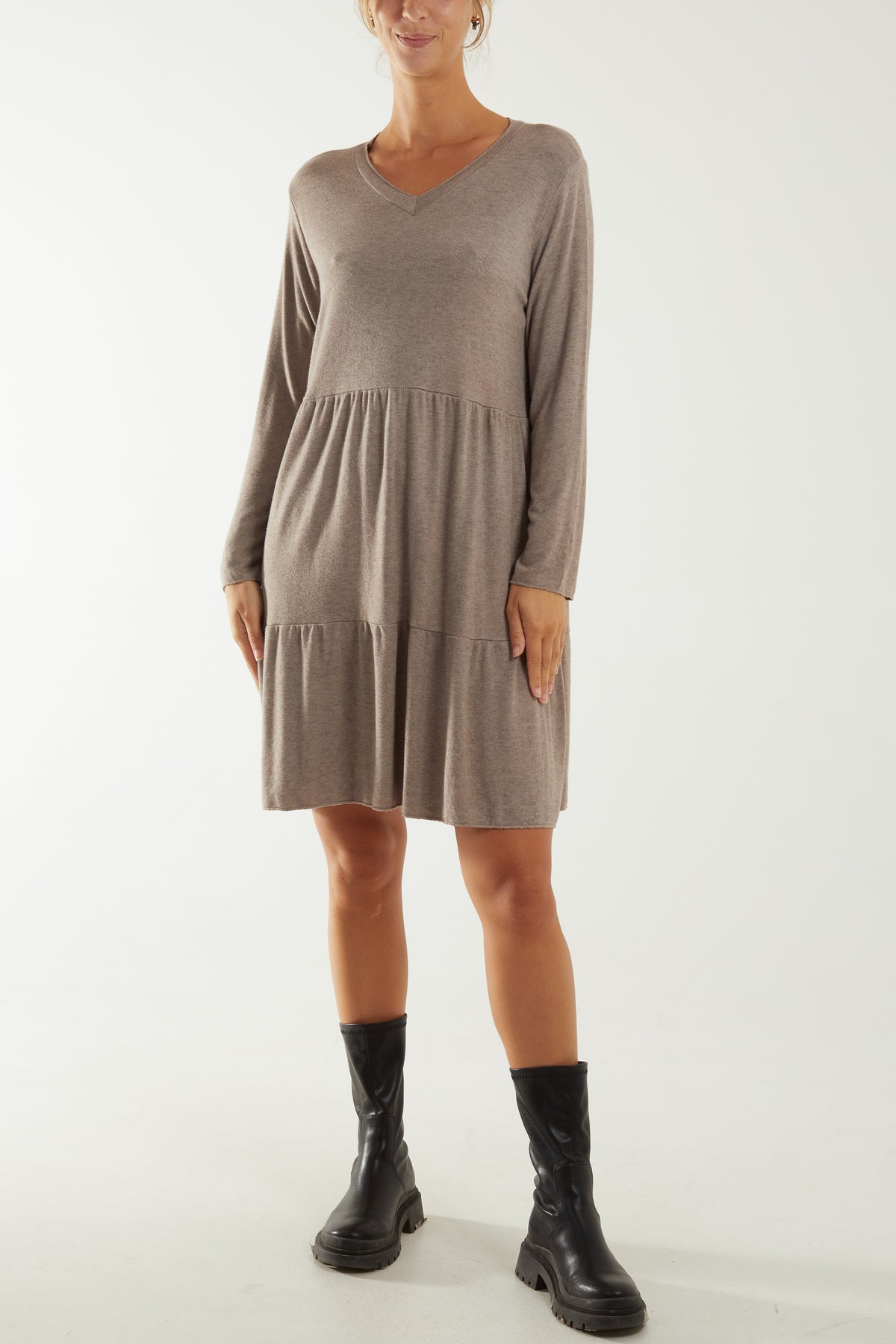 Knitted V-Neck Tiered Dress