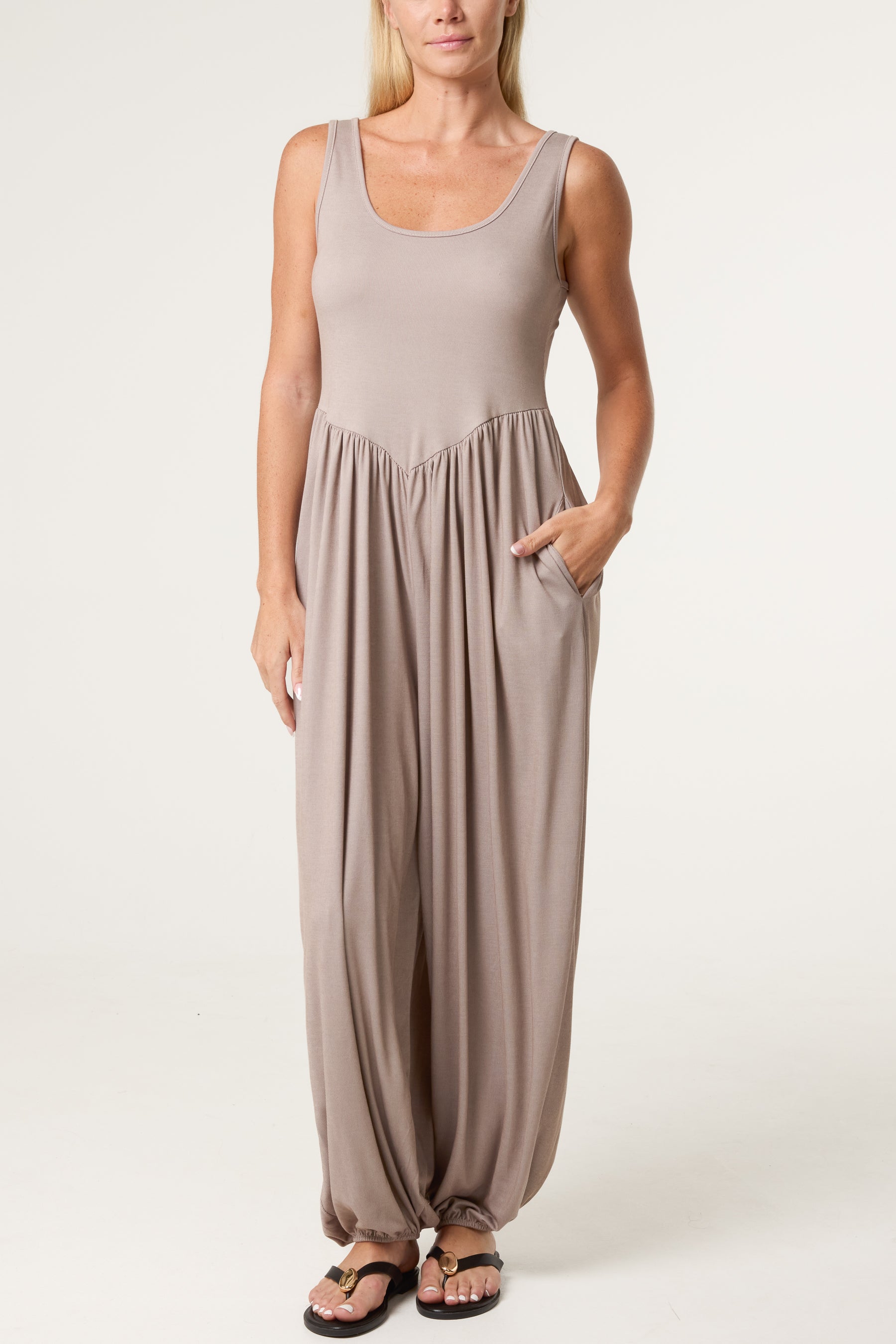 Fine Rib Stretch Harem Jumpsuit