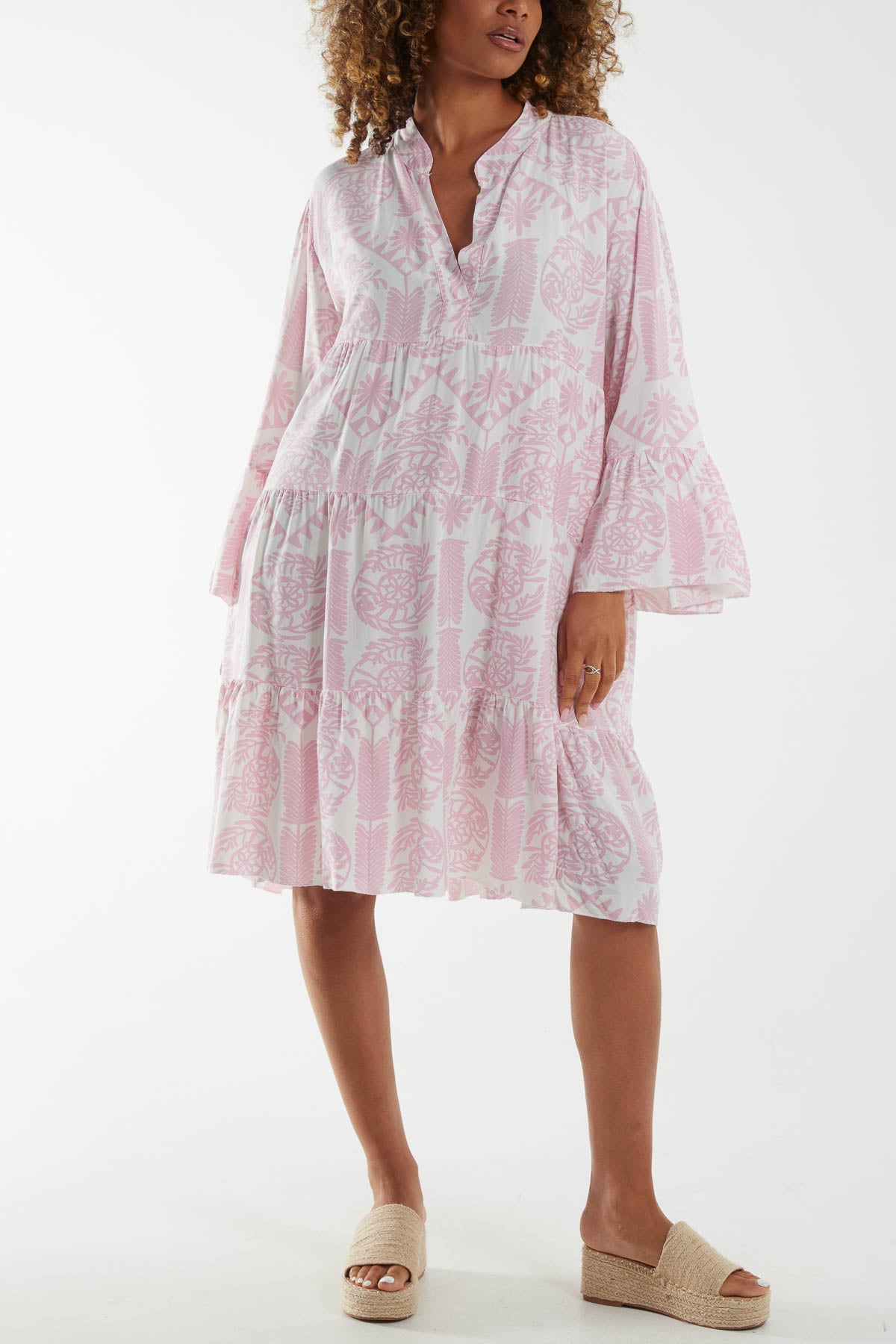 Tiered Baroque Floral Smock Print Dress