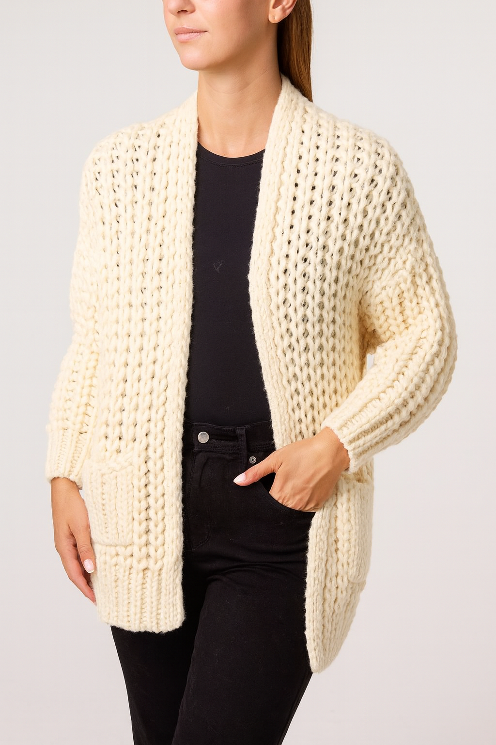 Thick Cable Knit Pockets Cardigan
