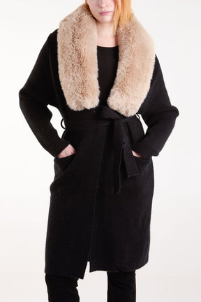 Beige Fur Collar Two Pocket Cardigan