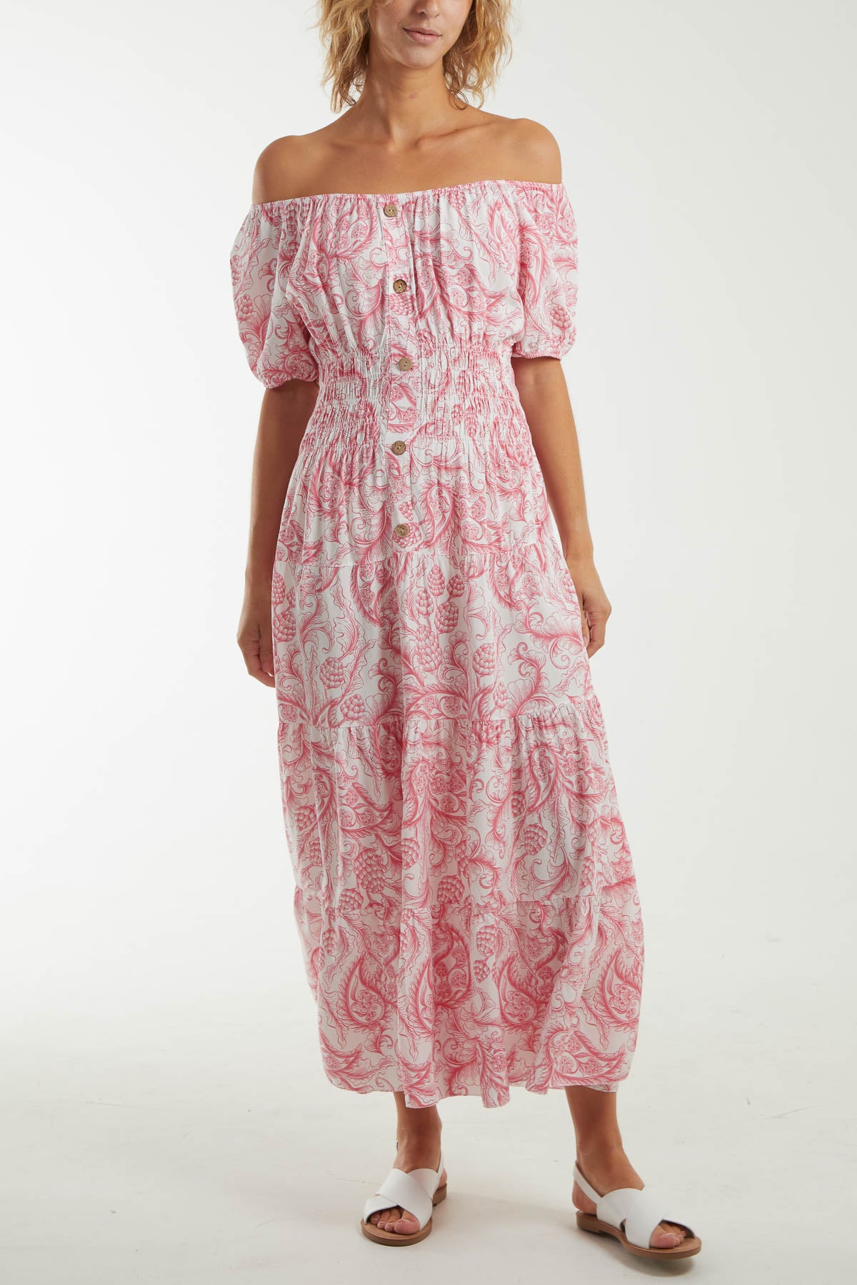 Paisley Bardot Shirred Bodice Midi Dress