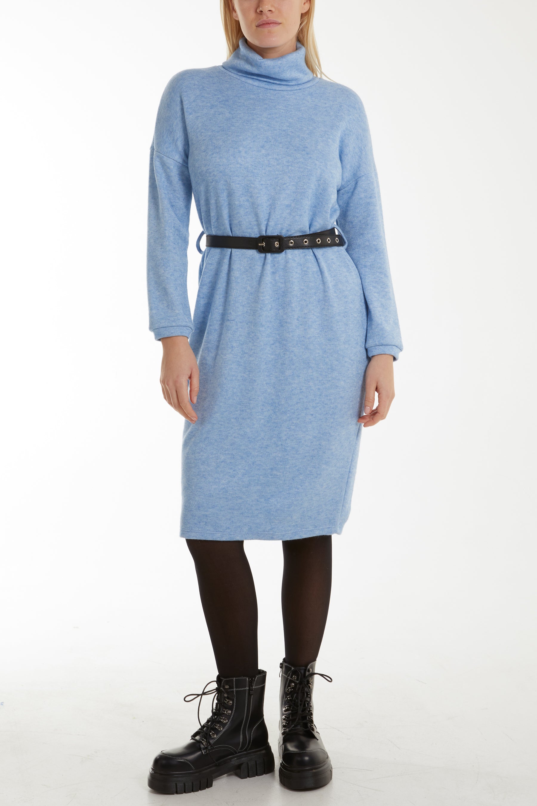 Roll Neck Belted Knitted Midi Dress