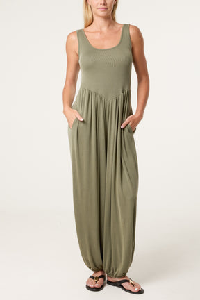 Fine Rib Stretch Harem Jumpsuit