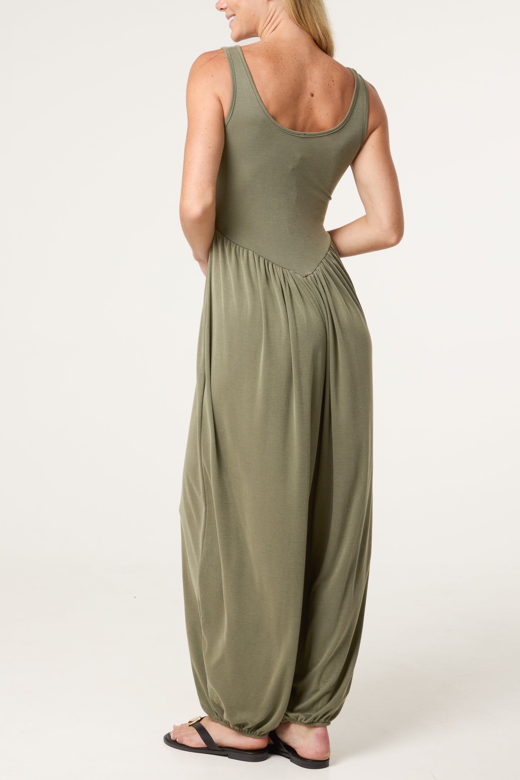 Fine Rib Stretch Harem Jumpsuit