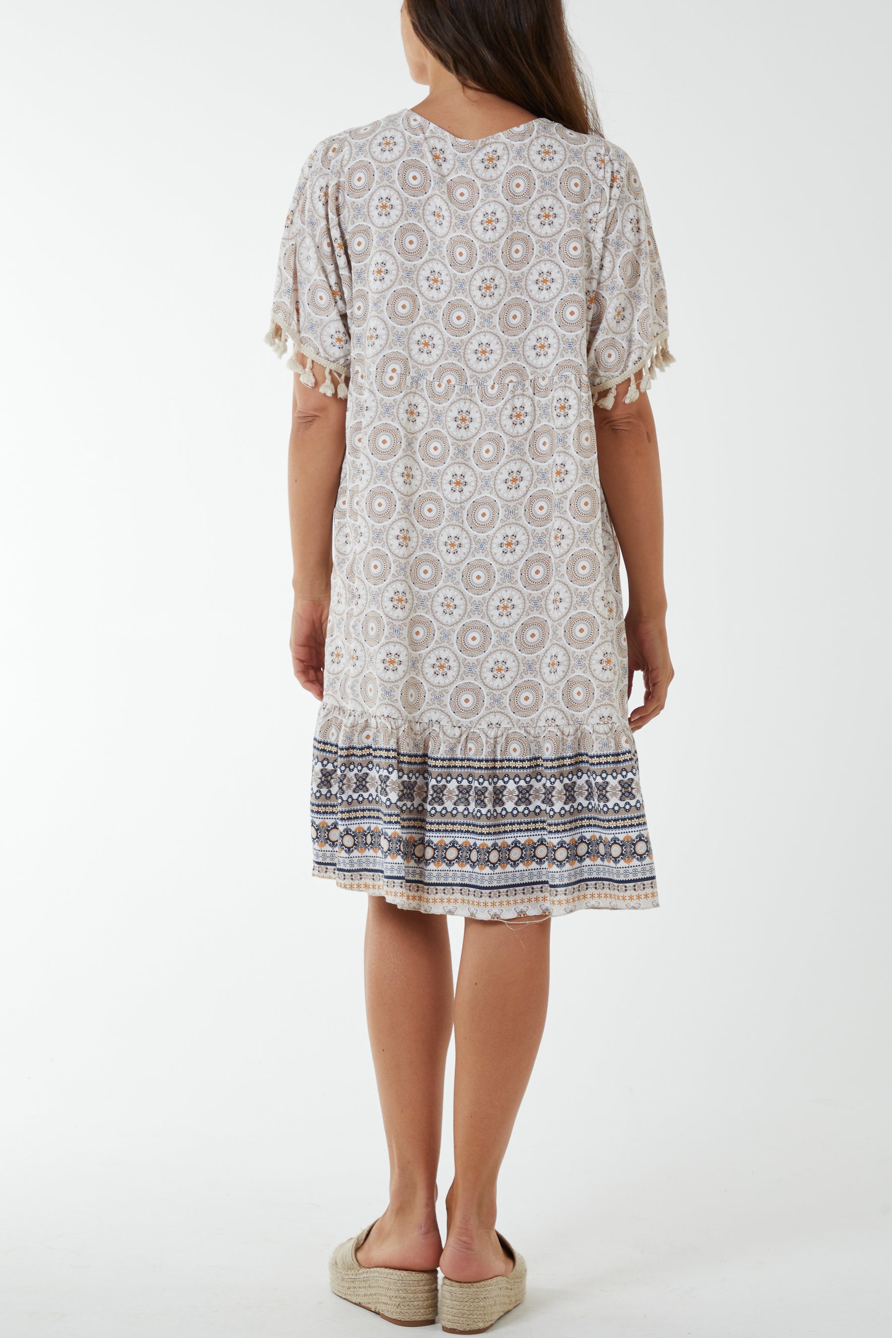 Geometric Print Dress with Tassels