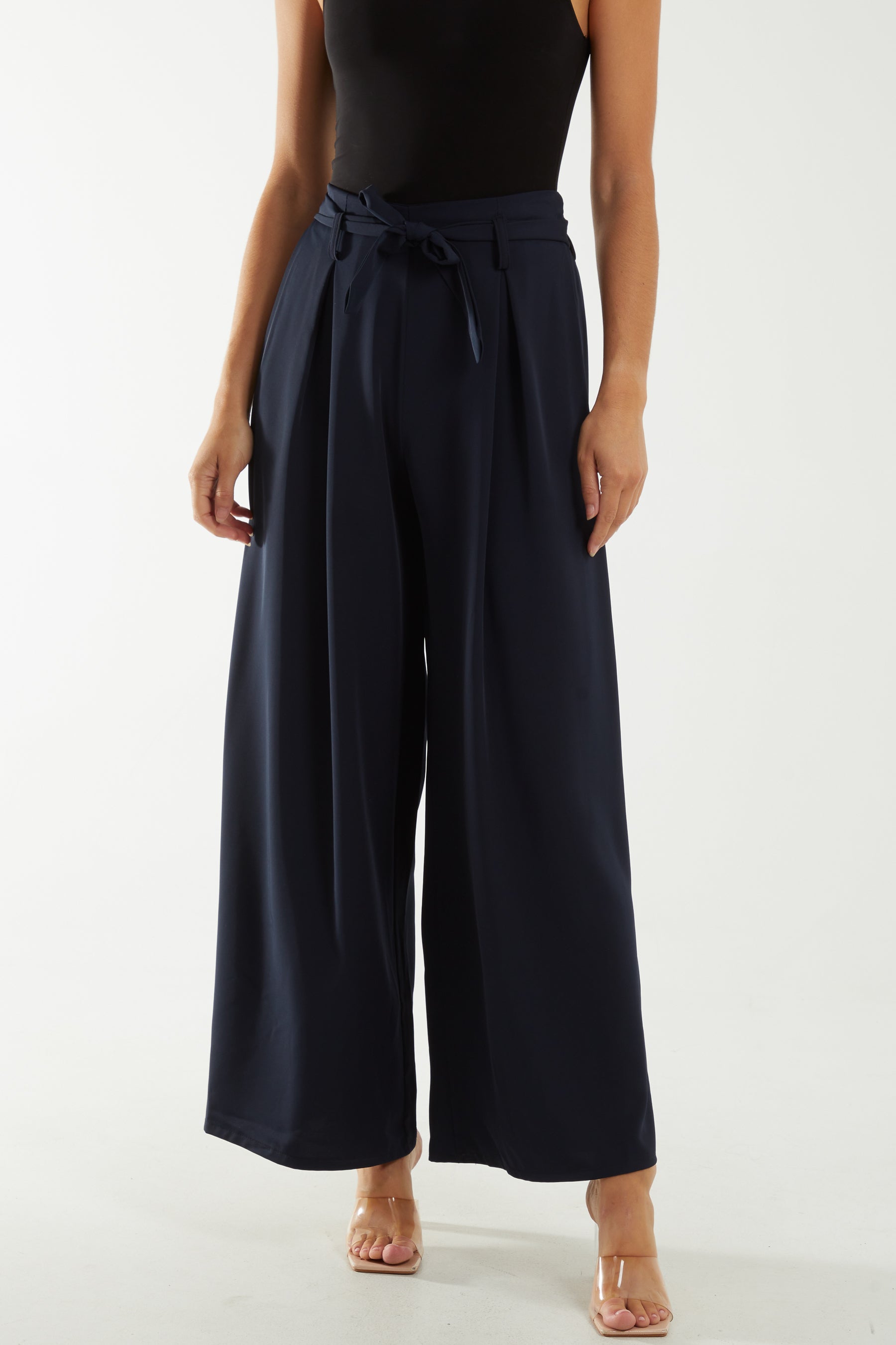 Belted Wide Leg Pleated Trousers