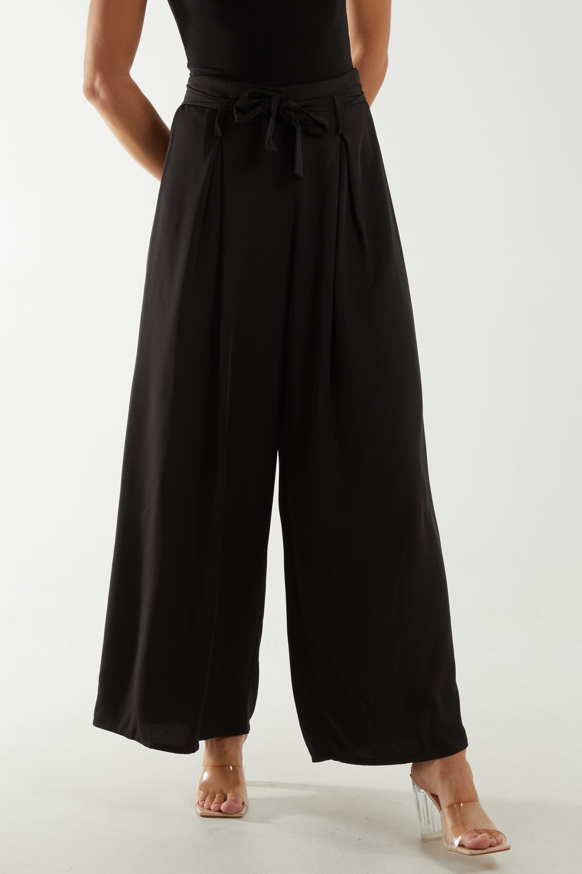 Belted Wide Leg Pleated Trousers