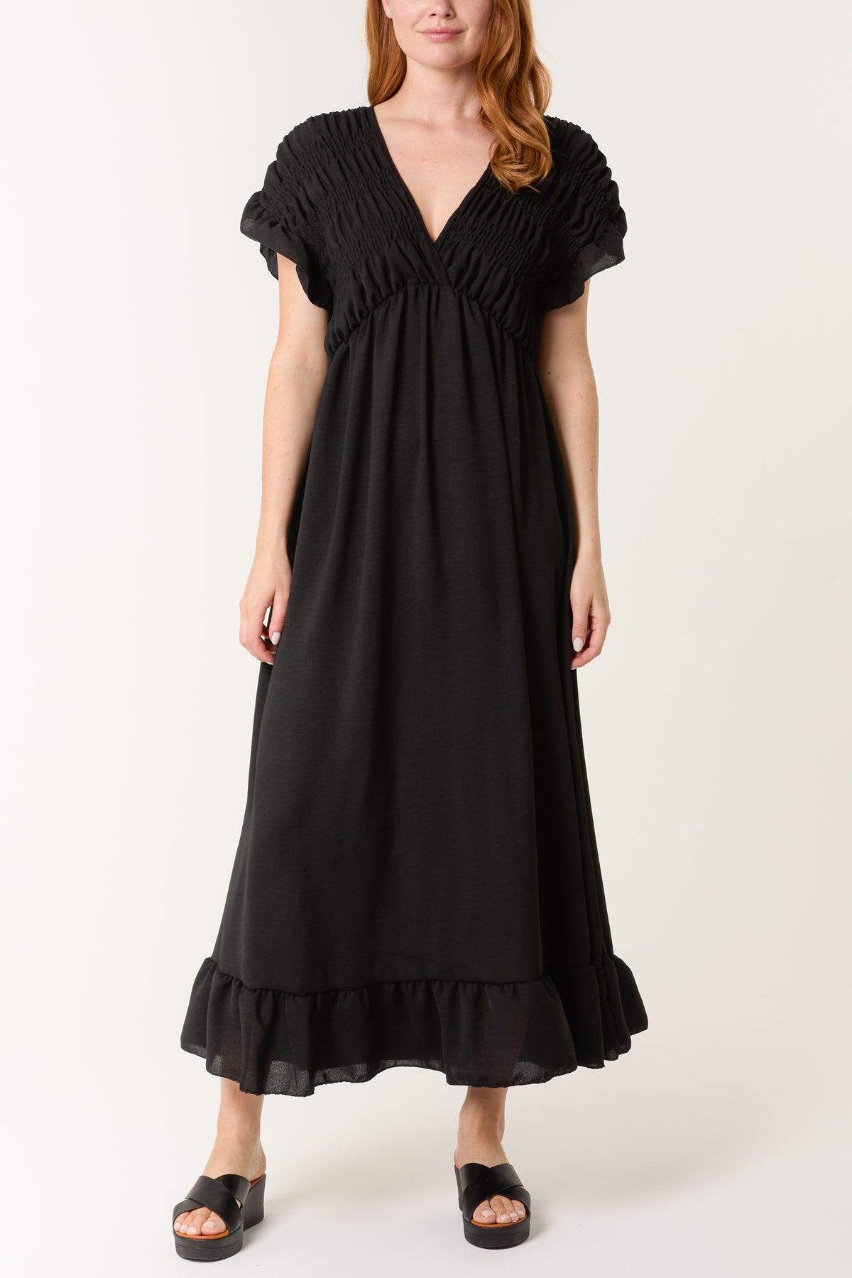 Double V-Neck Shirred Bodice Maxi Dress
