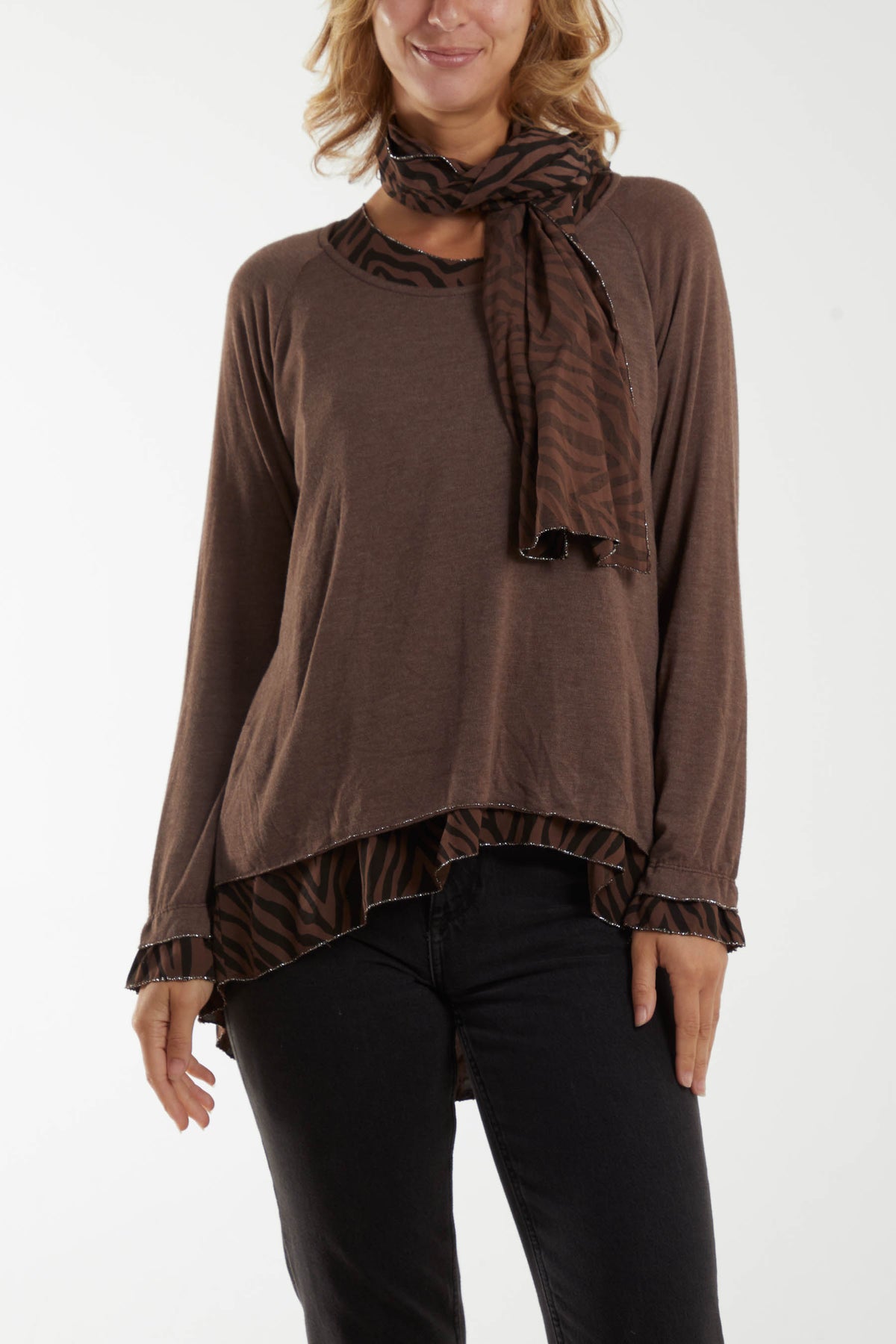 Double Layer Top w/ Animal Print Scarf