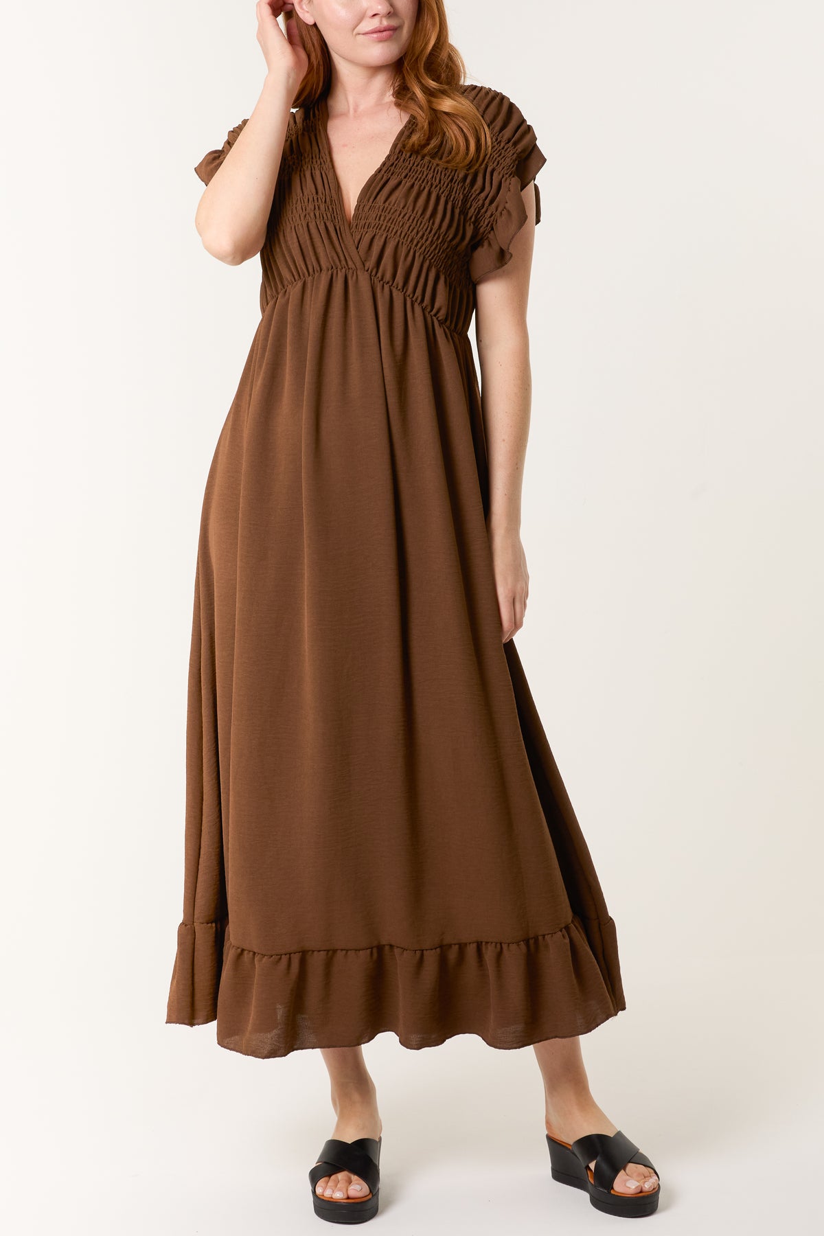 Double V-Neck Shirred Bodice Maxi Dress