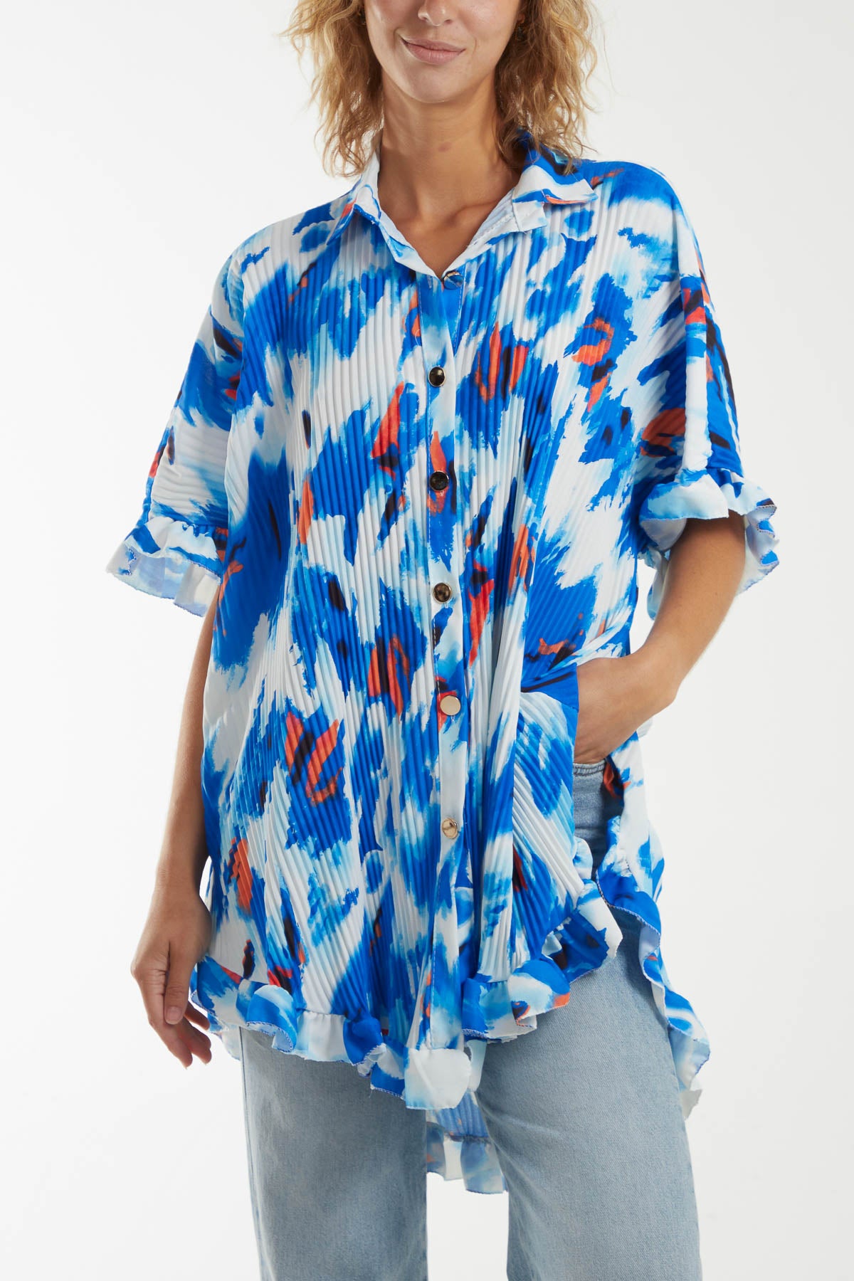 Abstract Tie Dye Frill Hem Plisse Shirt