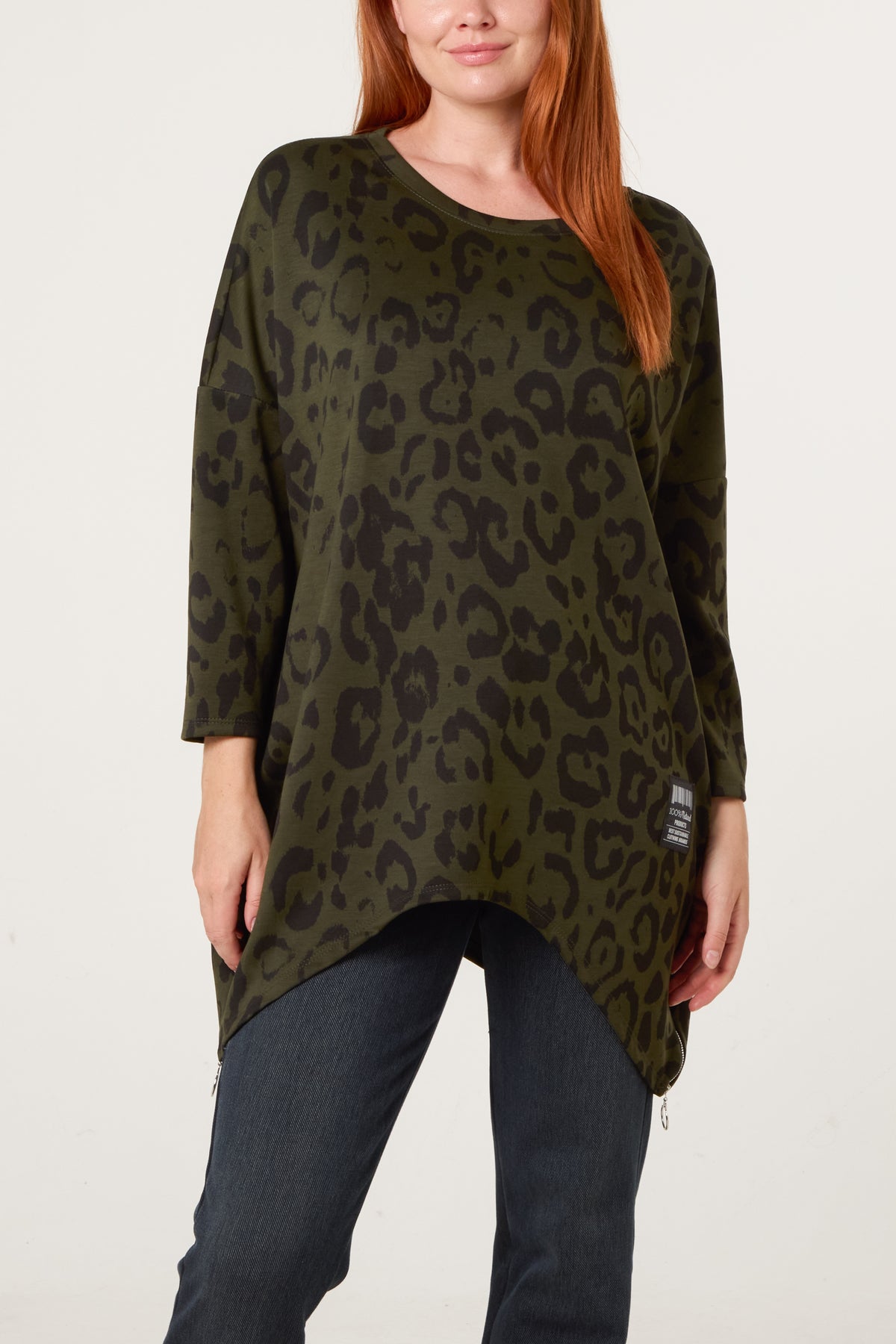 Side Zipper Detailed Leopard Soft Touch Sweat Shirt