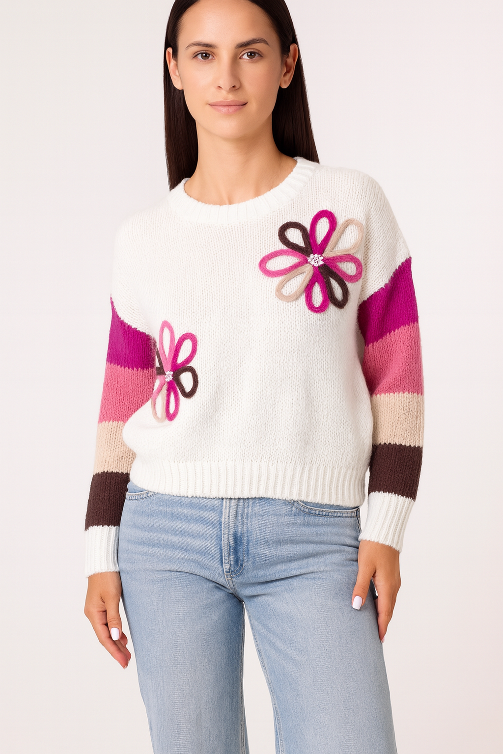 Colourful Floral Embroidery Striped Jumper