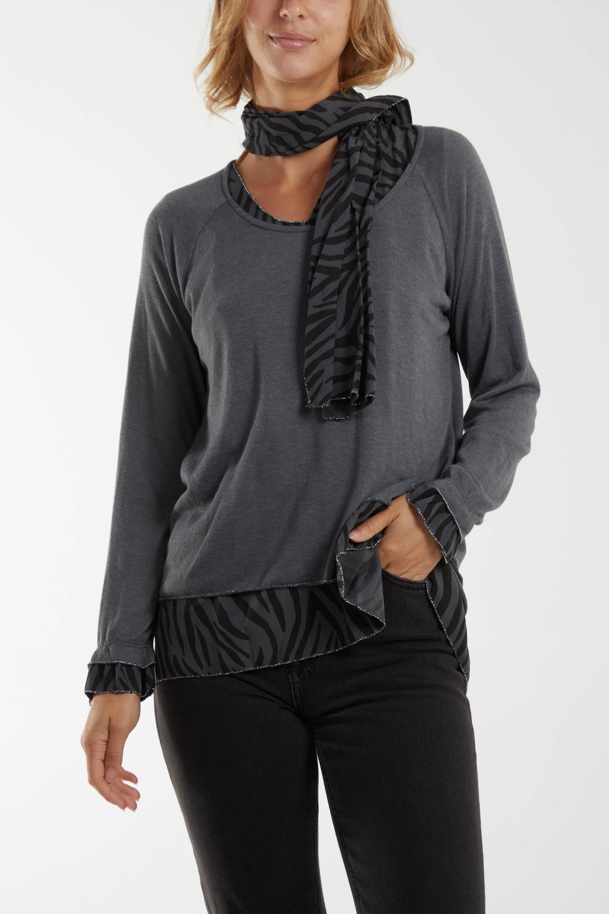 Double Layer Top w/ Animal Print Scarf