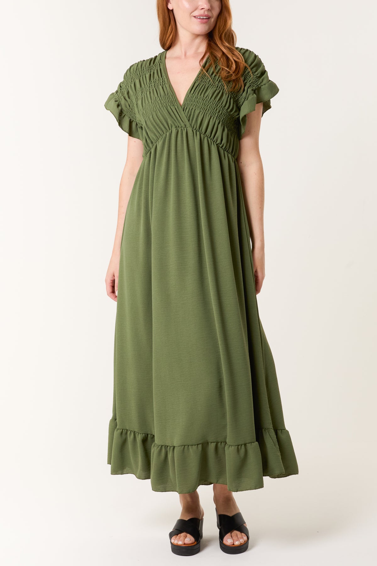 Double V-Neck Shirred Bodice Maxi Dress