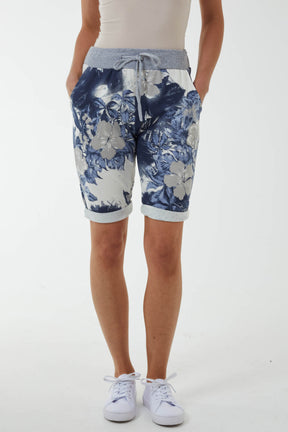 Contrasted Waist Floral Shorts