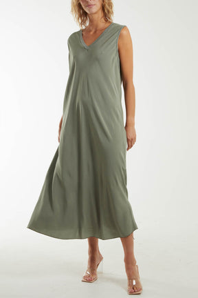 Lurex Trim V-Neck A-Line Maxi Dress