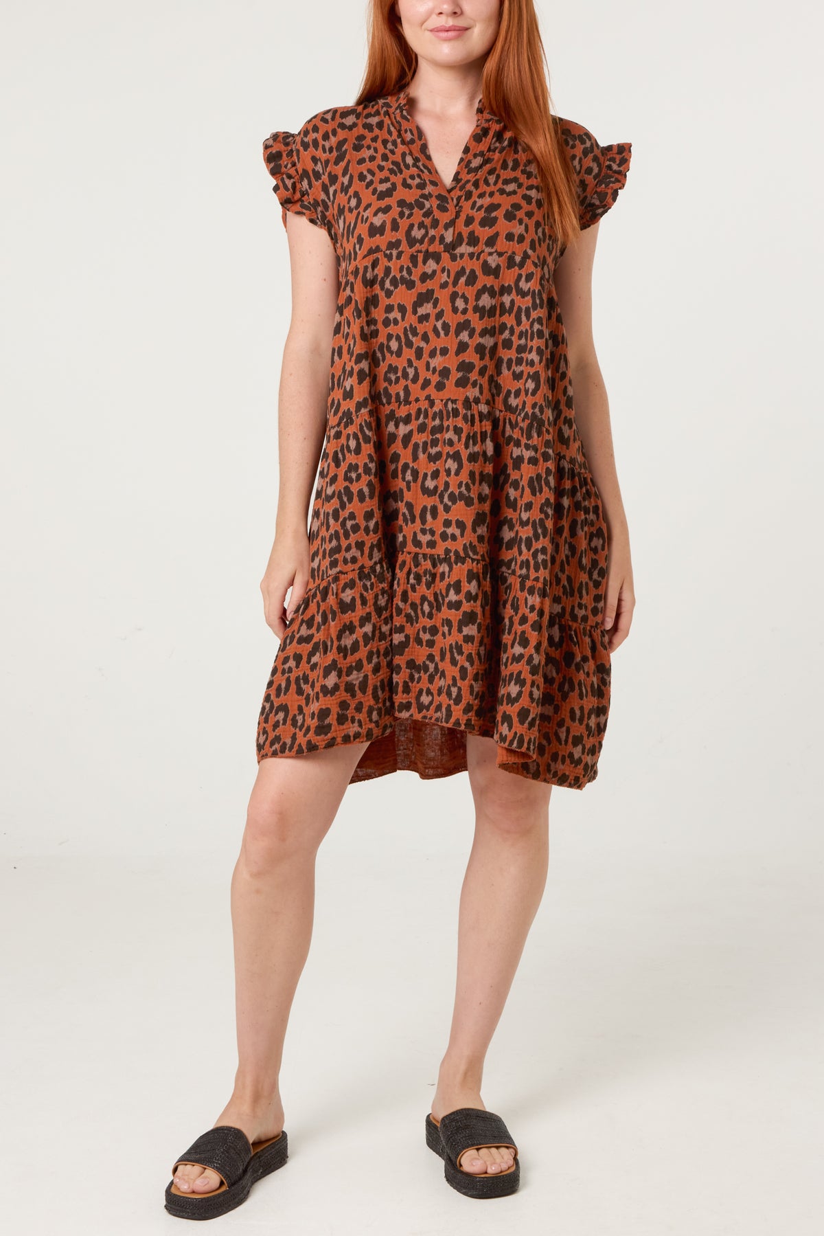 Pure Cotton Short Sleeve Leopard Smock Dress
