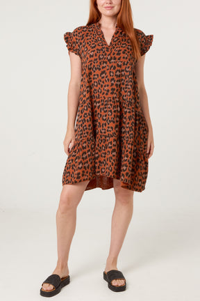 Pure Cotton Short Sleeve Leopard Smock Dress