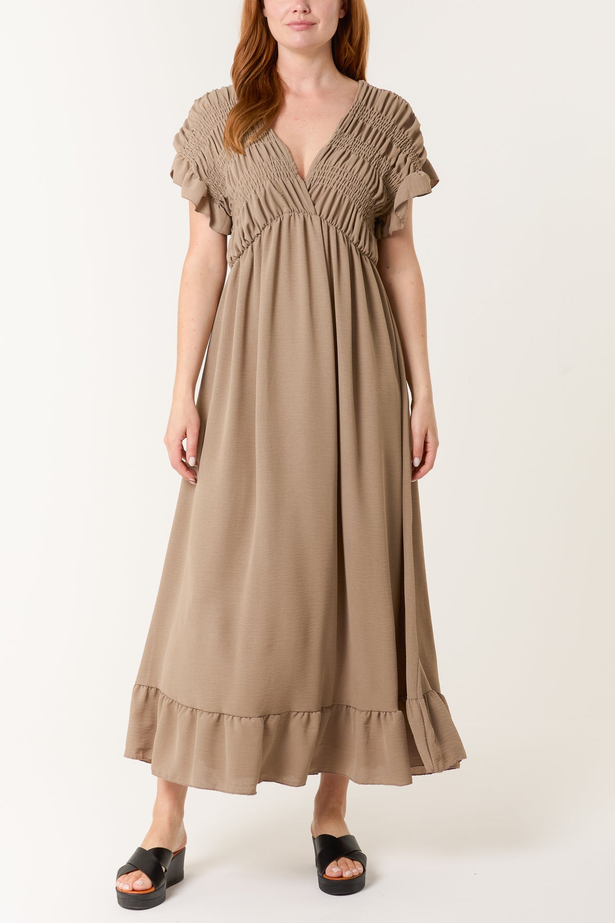 Double V-Neck Shirred Bodice Maxi Dress