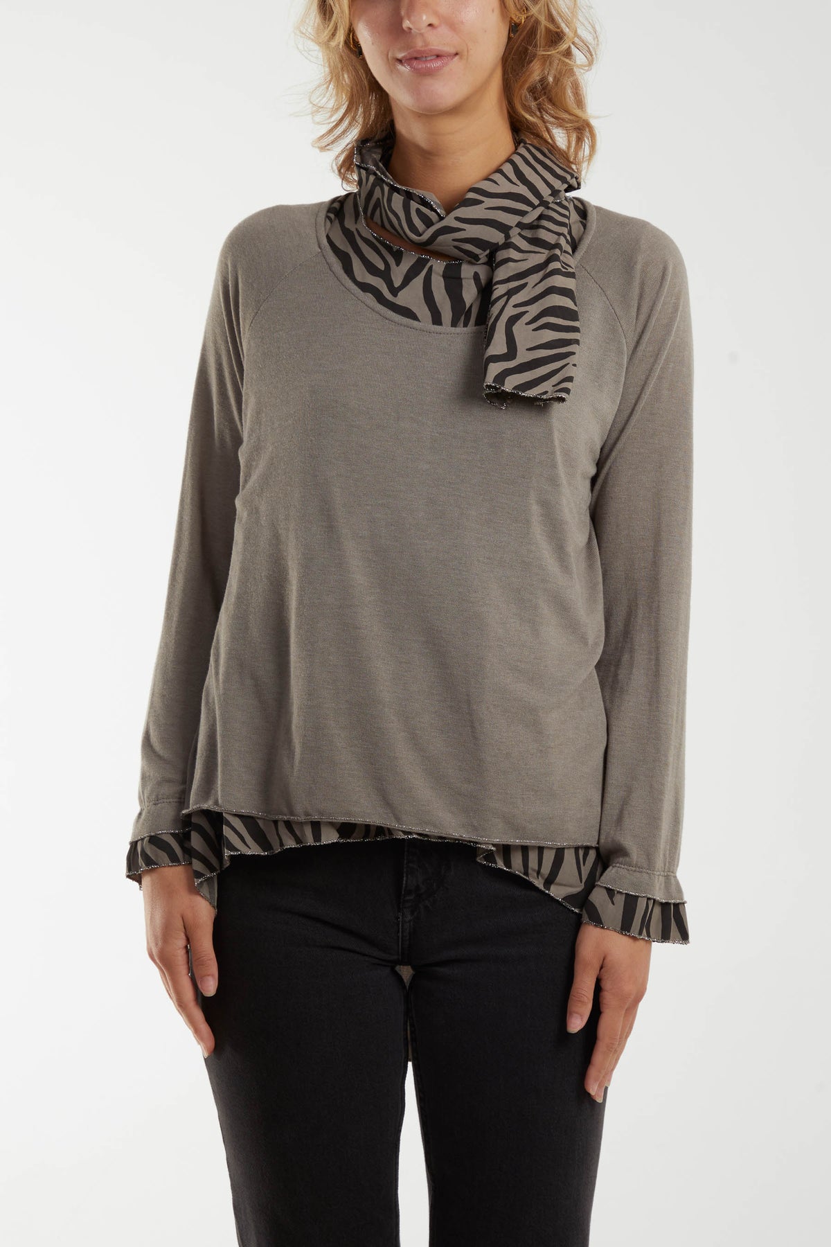Double Layer Top w/ Animal Print Scarf