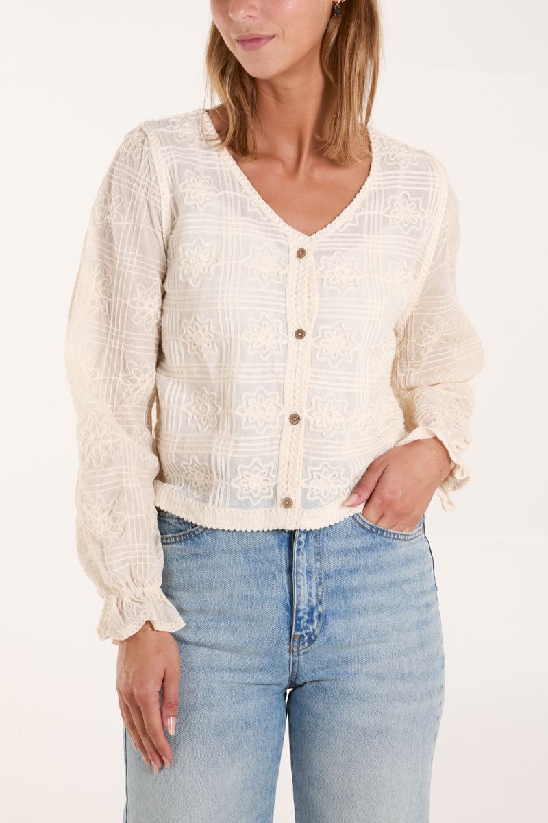 Crochet & Embroidery V-Neck Button Top